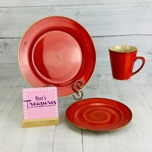 Thomson Pottery SEDONA Red Swirl Speckle Brown Dinner Salad Plates & Mug Set 3